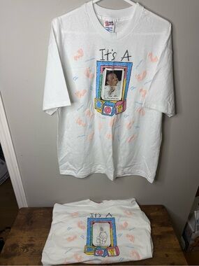 Vintage Hanes Novelty 'It's A Boy' White Graphic Tee Photo Space Lot of 2 XL